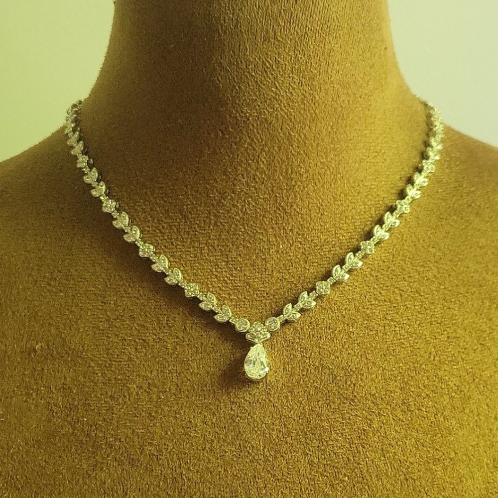 Silver Tone Rhinestone Pear Drop Y-Necklace 15 Inch Bridal Wedding Old Money